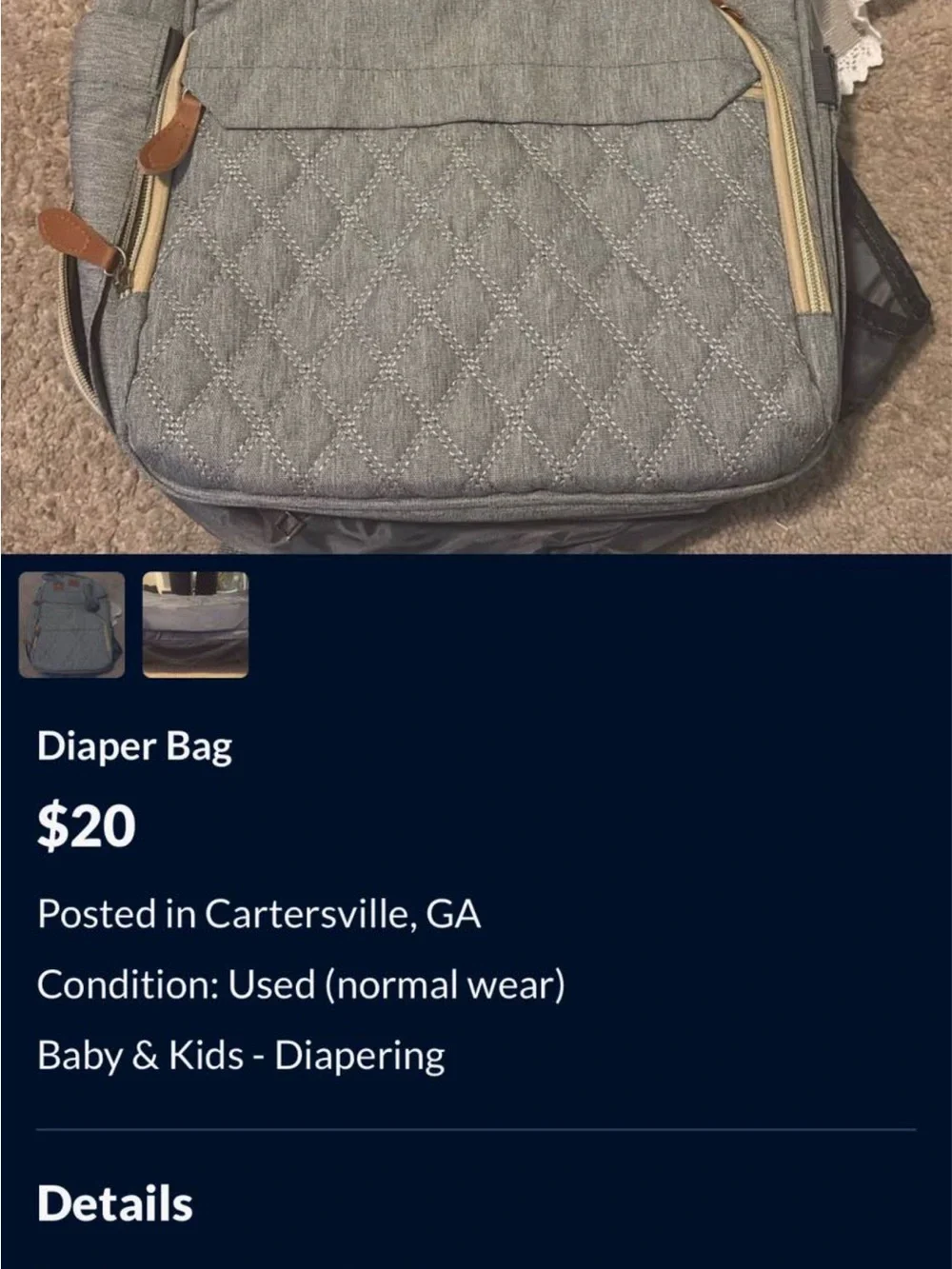 Gray Quilted Diaper Bag Backpack - Unbranded